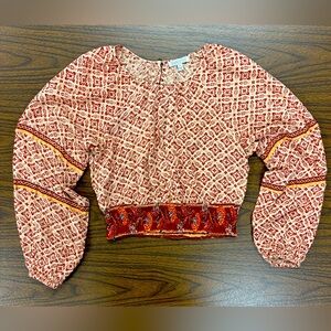 Patrons of Peace Red Patterned Peasant cropped Top